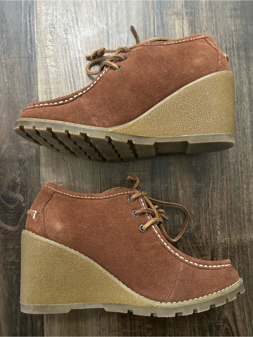 SPERRY Rust Brown Suede Leather Lace-up Thick Stitch Bootie Wedge Heel Boot, W6